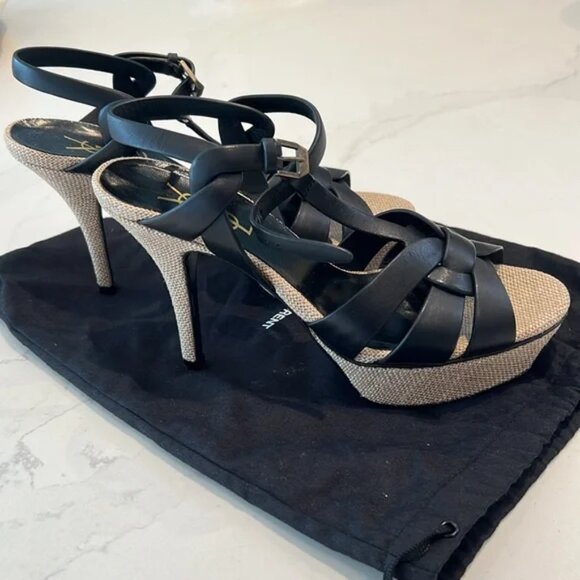 YSL SAINT LAURENT TRIBUTE LINEN AND BLACK LEATHER SANDAL HEEL SIZE 37 - Picture 5 of 6
